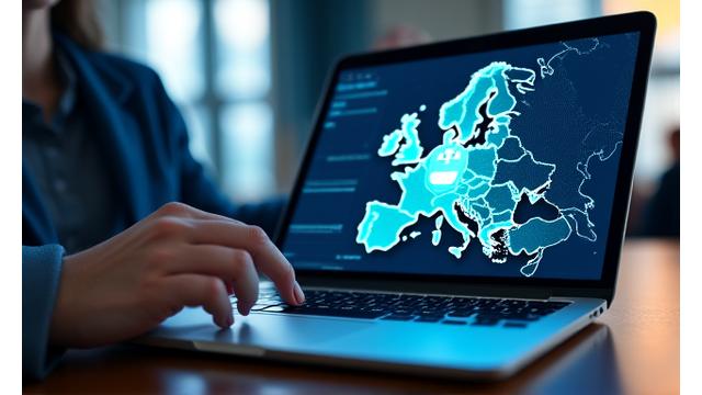 유럽 지도가 배경인 노트북 화면에 GDPR 관련 문서가 표시되어 있는 이미지